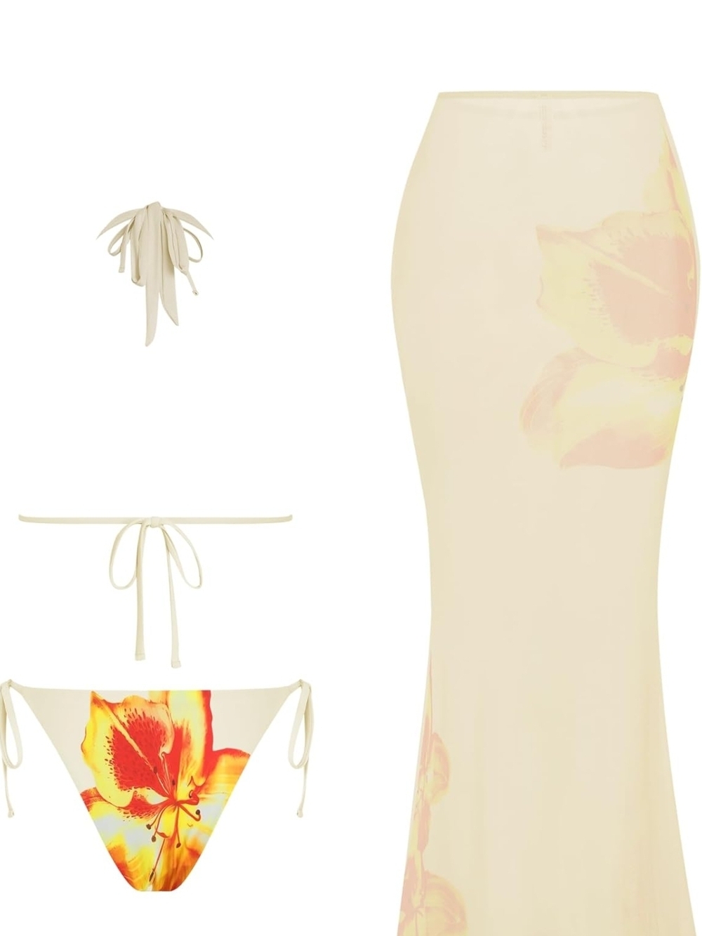 Cream Bikini Set with Orange & Yellow Floral Print - Picture 2 of 5